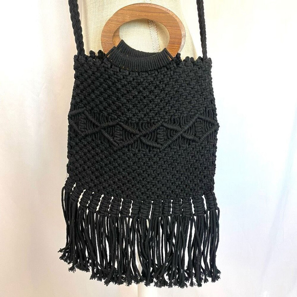 Anthropologie Danielle Nicole Black Boho Retro Macrame Bag Crossbody Tote - Picture 2 of 7
